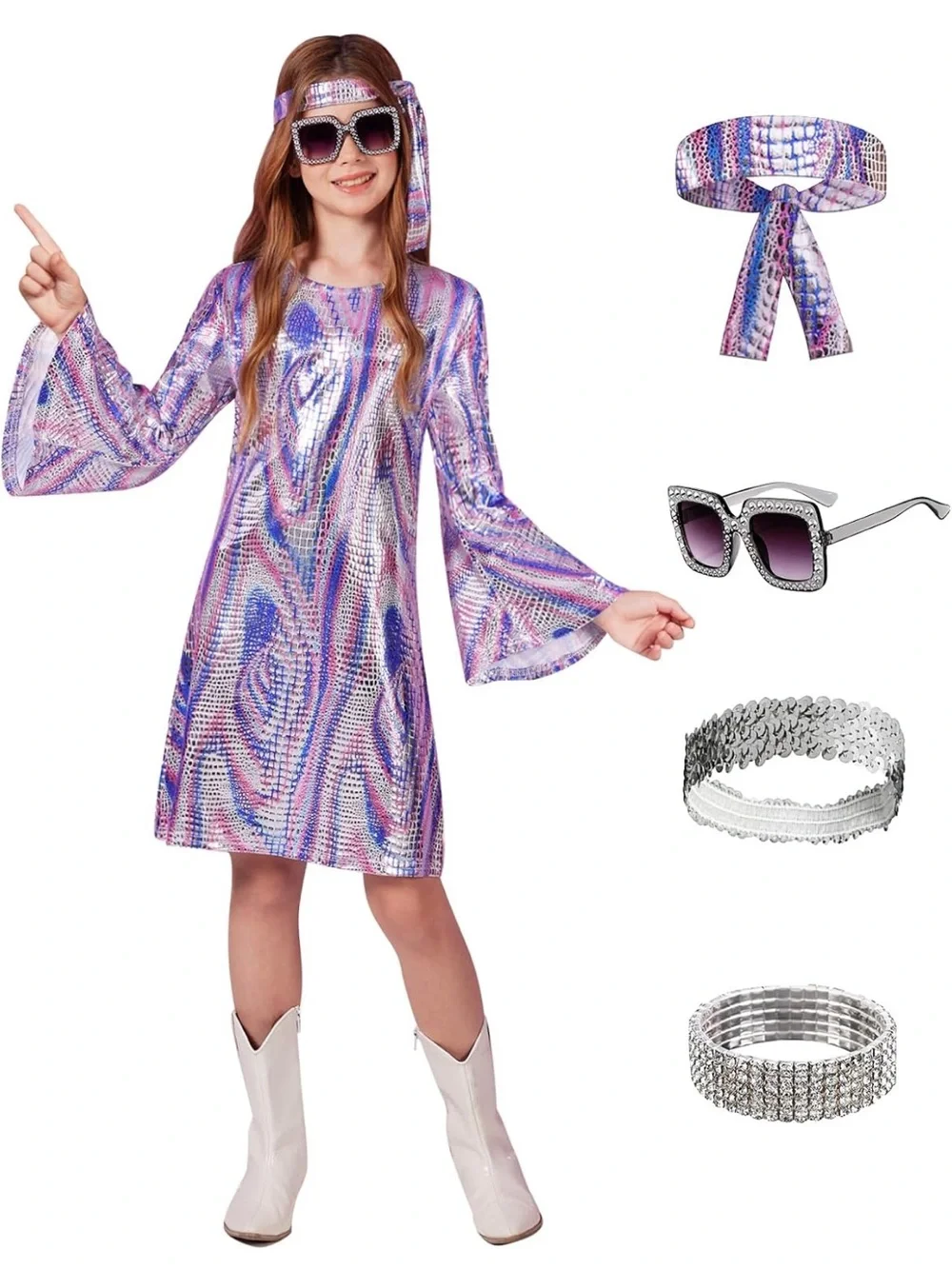 Kids Purple Disco Costume Dress with Headband & Accessories